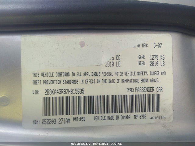 2007 DODGE CHARGER VIN: 2B3KA43R97H815635