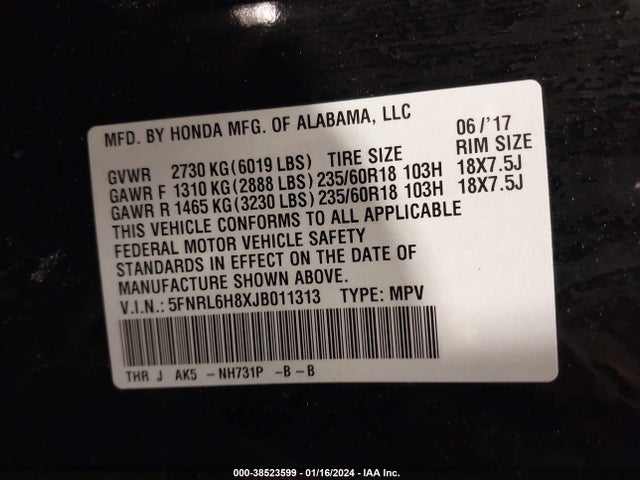 Honda Odyssey Touring 2018 5FNRL6H8XJB011313 Image 9