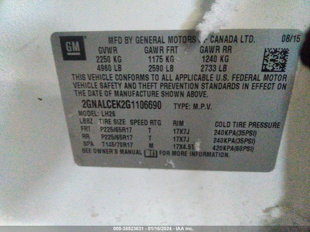 2016 CHEVROLET EQUINOX LT VIN: 2GNALCEK2G1106690