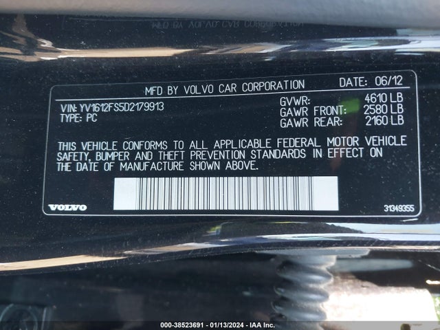 2013 VOLVO S60 VIN: YV1612FS5D2179913
