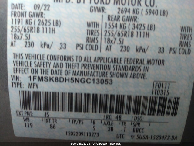 2022 FORD EXPLORER XLT VIN: 1FMSK8DH5NGC13053