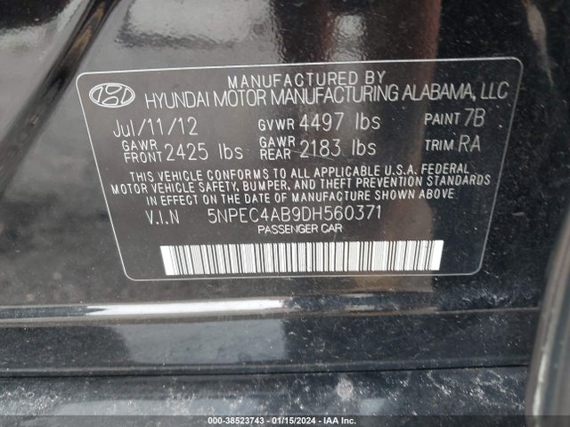 2013 HYUNDAI SONATA LIMITED 2.0T VIN: 5NPEC4AB9DH560371