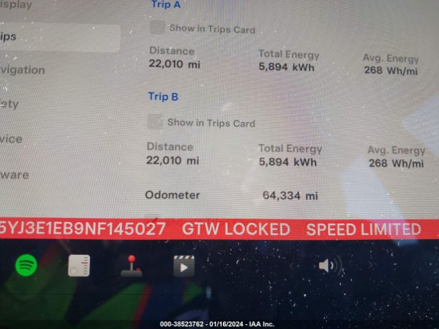 5YJ3E1EB9NF145027 Tesla Model 3 Long Range Dual Motor All-wheel Drive