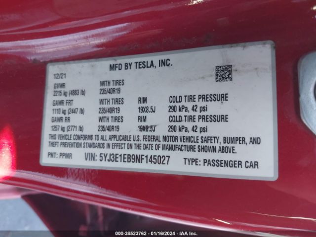 5YJ3E1EB9NF145027 Tesla Model 3 Long Range Dual Motor All-wheel Drive