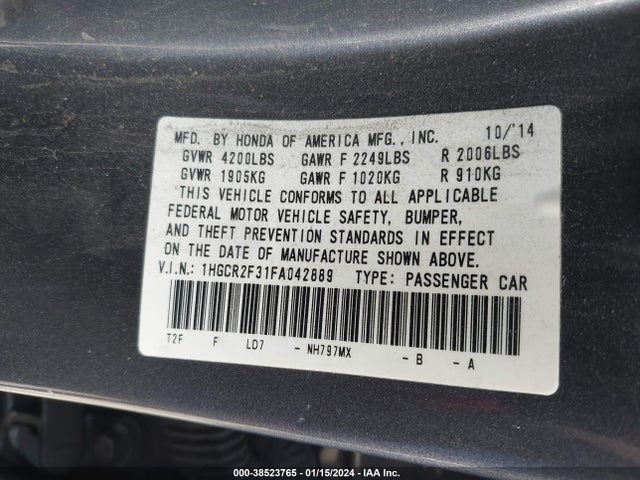 Honda ACCORD LX 2015 1HGCR2F31FA042889 Image 9