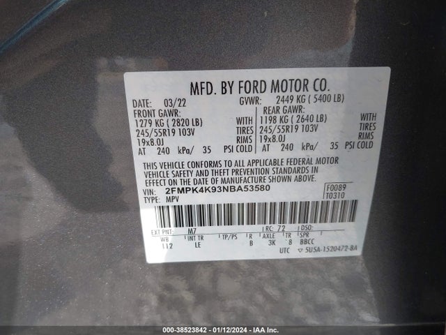 2022 FORD EDGE TITANIUM VIN: 2FMPK4K93NBA53580