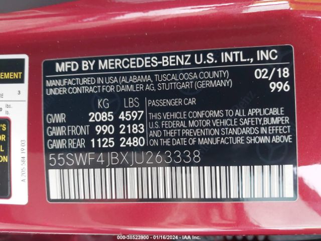 55SWF4JBXJU263338 Mercedes-Benz C 300