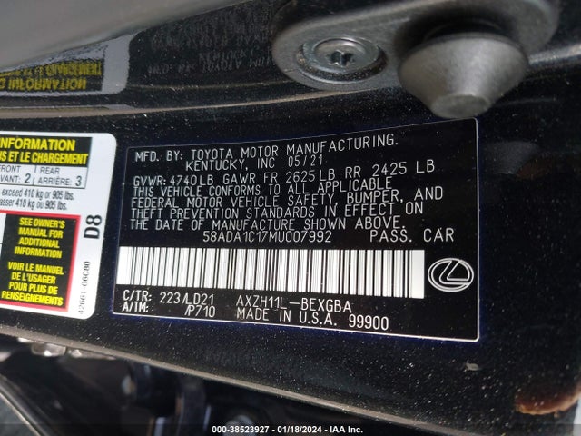 58ADA1C17MU007992 Lexus ES 300H