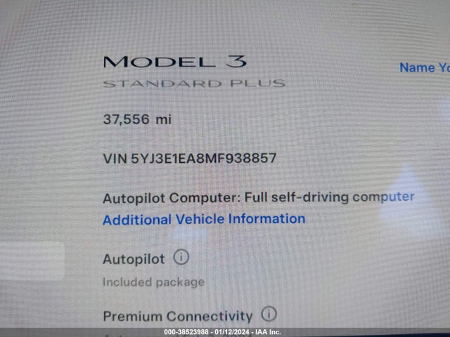 5YJ3E1EA8MF938857 Tesla Model 3 Standard Range Plus Rear-wheel Drive