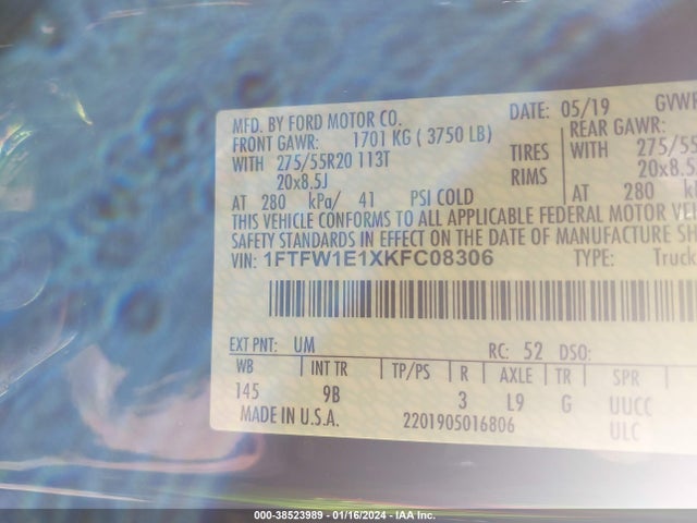 Ford F-150 Platinum 2019 1FTFW1E1XKFC08306 Image 9