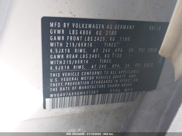 WVGAV7AX9GW531257 Volkswagen TIGUAN S