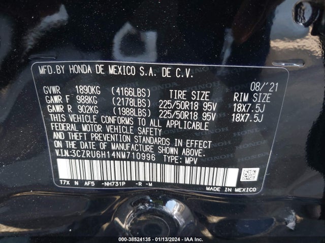 2022 HONDA HR-V AWD SPORT VIN: 3CZRU6H14NM710996