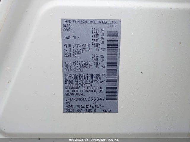 2014 NISSAN PATHFINDER PLATINUM VIN: 5N1AR2MN5EC655347