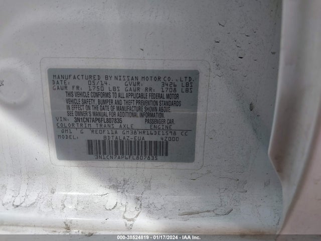 Nissan Versa 1.6 S+ 2015 3N1CN7AP6FL807835 Image 9