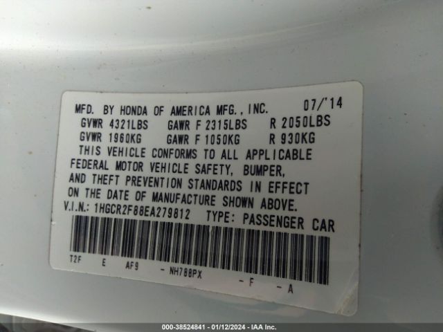 1HGCR2F88EA279812 Honda Accord Ex-l