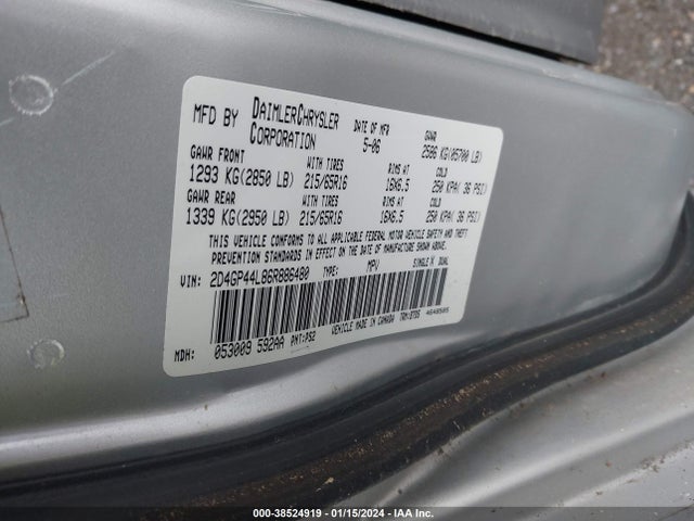 2006 DODGE GRAND CARAVAN SXT VIN: 2D4GP44L86R886480