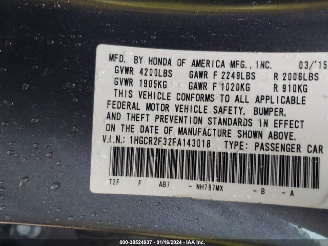 Honda ACCORD LX 2015 1HGCR2F32FA143018 Image 9