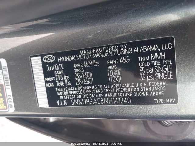 2022 HYUNDAI TUCSON SEL VIN: 5NMJB3AE8NH141240