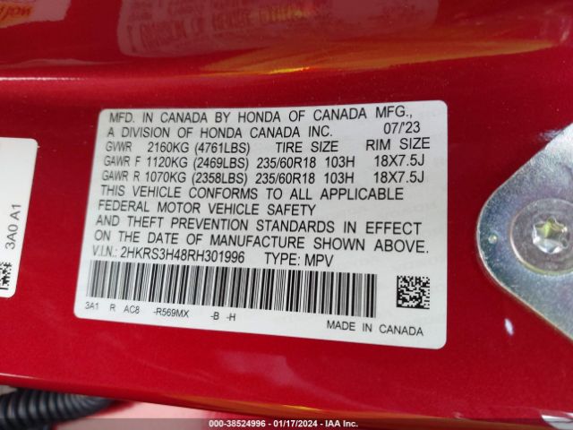 2HKRS3H48RH301996 Honda Cr-v Ex 2wd