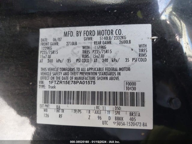 2008 FORD RANGER FX4 OFF-ROAD/SPORT/XL/XLT VIN: 1FTZR15E78PA01575