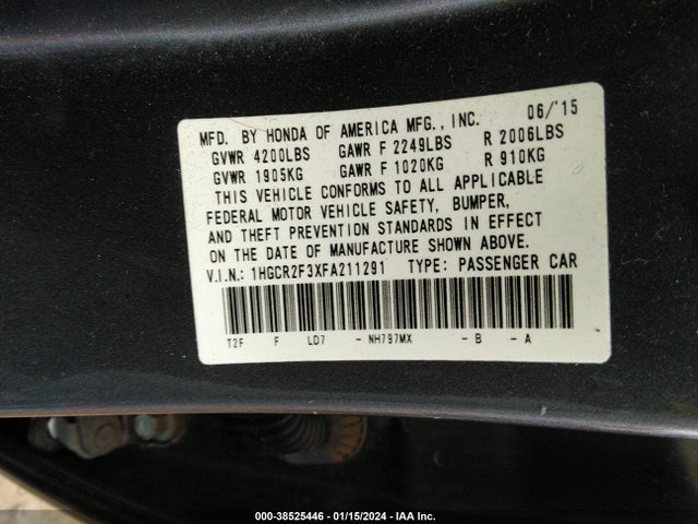 Honda ACCORD LX 2015 1HGCR2F3XFA211291 Image 9