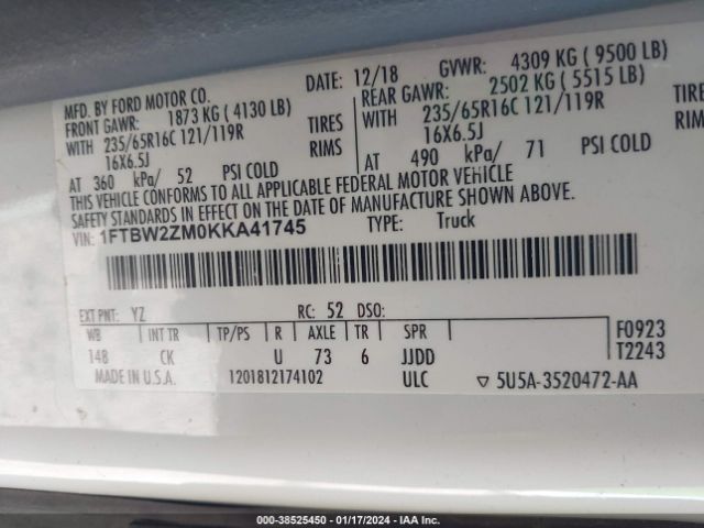 1FTBW2ZM0KKA41745 Ford Transit-350