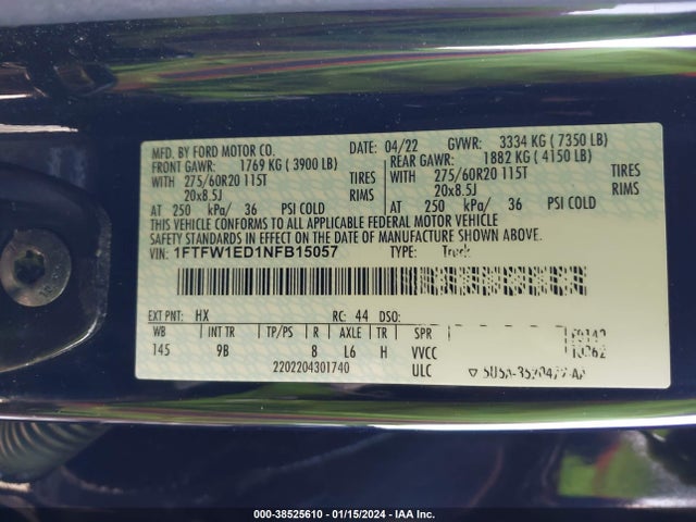 2022 FORD F-150 PLATINUM VIN: 1FTFW1ED1NFB15057