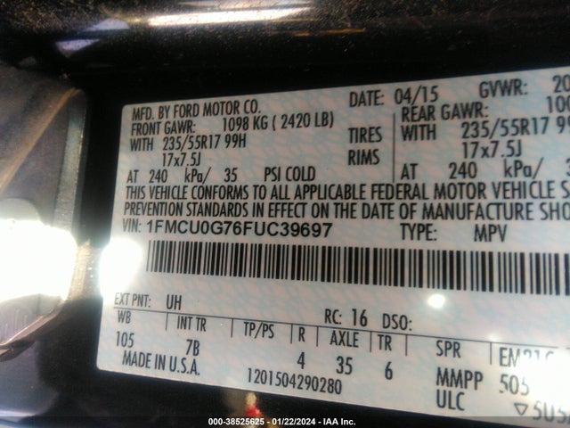 2015 FORD ESCAPE SE VIN: 1FMCU0G76FUC39697