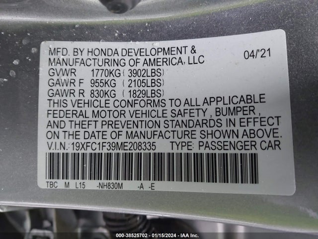Honda CIVIC EX 2021 19XFC1F39ME208335 Image 9