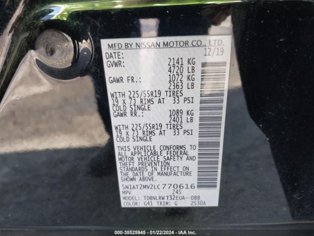5N1AT2MV2LC770616 Nissan Rogue Sl Intelligent Awd
