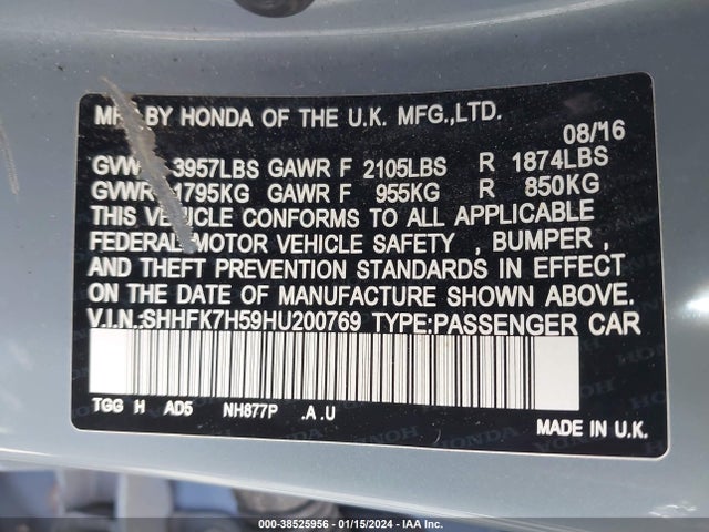 Honda CIVIC EX 2017 SHHFK7H59HU200769 Image 9