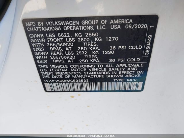 1V2JP2CA9MC533533 Volkswagen Atlas 2.0t Se W/technology
