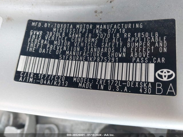 Toyota COROLLA SE 2019 5YFBURHE1KP875291 Image 9
