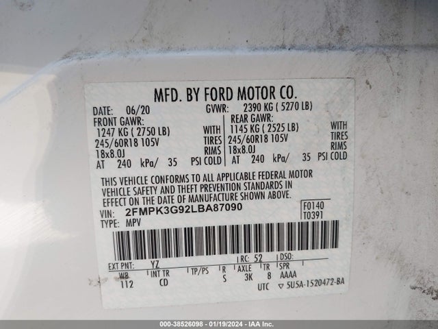 Ford EDGE SE 2020 2FMPK3G92LBA87090 Image 9