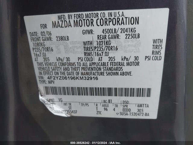 2006 MAZDA TRIBUTE S VIN: 4F2YZ06196KM32916