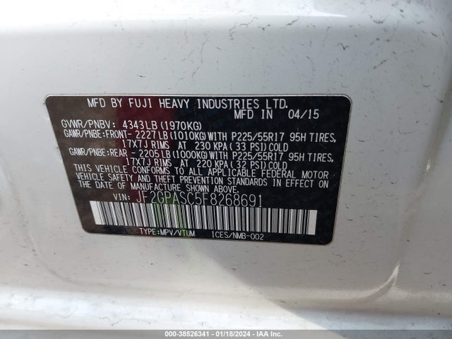 2015 SUBARU XV CROSSTREK 2.0I LIMITED VIN: JF2GPASC5F8268691