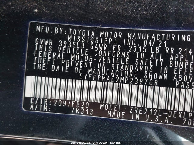 Toyota COROLLA LE 2021 5YFEPMAE2MP238768 Image 9