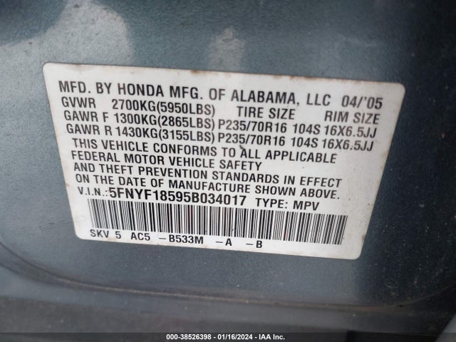 2005 HONDA PILOT EX-L VIN: 5FNYF18595B034017