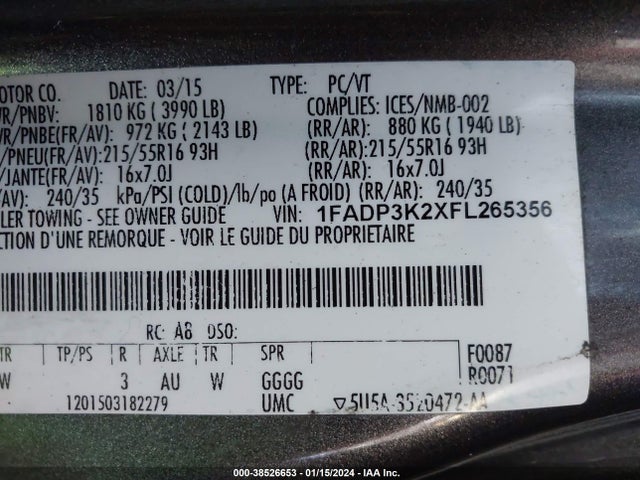 2015 FORD FOCUS SE VIN: 1FADP3K2XFL265356