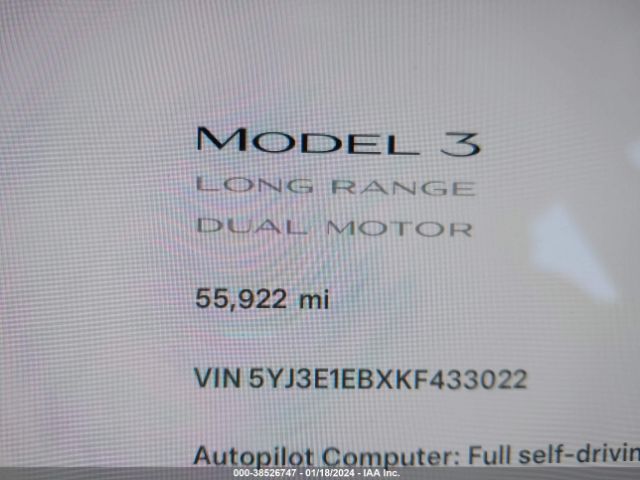 5YJ3E1EBXKF433022 Tesla Model 3 Long Range/performance