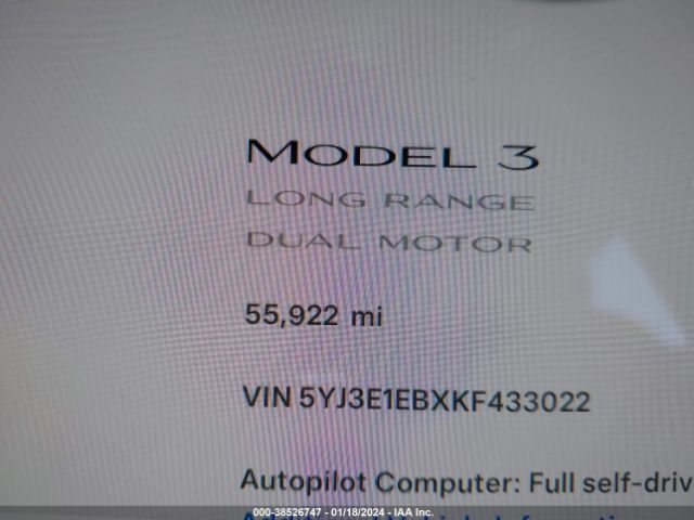 5YJ3E1EBXKF433022 Tesla Model 3 Long Range/performance