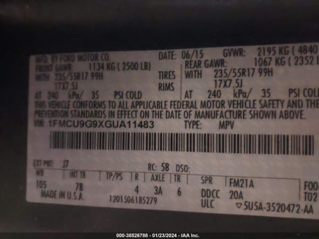 1FMCU9G9XGUA11483 Ford ESCAPE SE