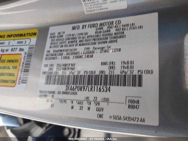 2020 FORD FUSION TITANIUM VIN: 3FA6P0K97LR116534