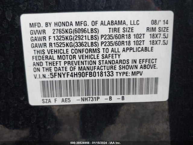 Honda Pilot Touring 2015 5FNYF4H90FB018133 Image 9