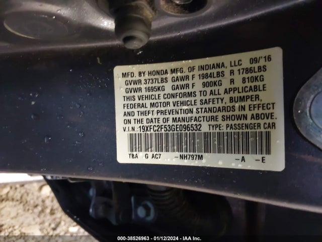 Honda Civic Lx 2016 19XFC2F53GE096532 Image 9