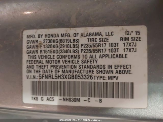 5FNRL5H3XGB053326 Honda ODYSSEY SE