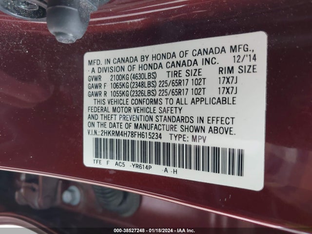 Honda Cr-v Ex-l 2015 2HKRM4H78FH615234 Image 9