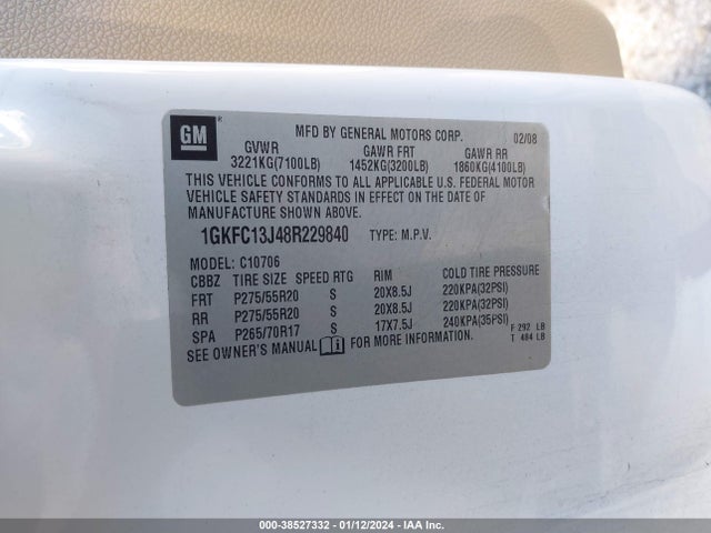 Aukcja sprzedaży 2008 Gmc Yukon Slt, vin: 1GKFC13J48R229840, numer aukcji: 38527332