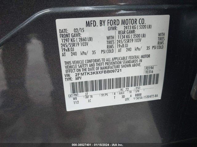 2015 FORD EDGE TITANIUM VIN: 2FMTK3K9XFBB09721