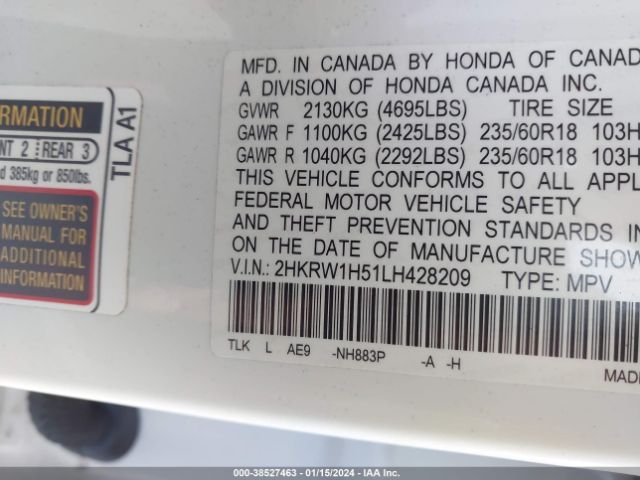 2HKRW1H51LH428209 Honda Cr-v 2wd Ex